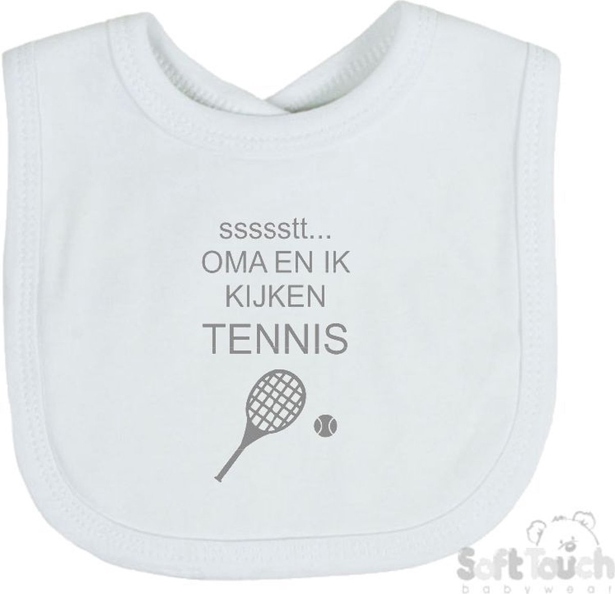 Goedkoopste Soft Touch Slabber Slabbetje Slab ssssstt... Oma en ik kijken tennis Unisex Katoen Wit/grijs Maat 33x22 Cm