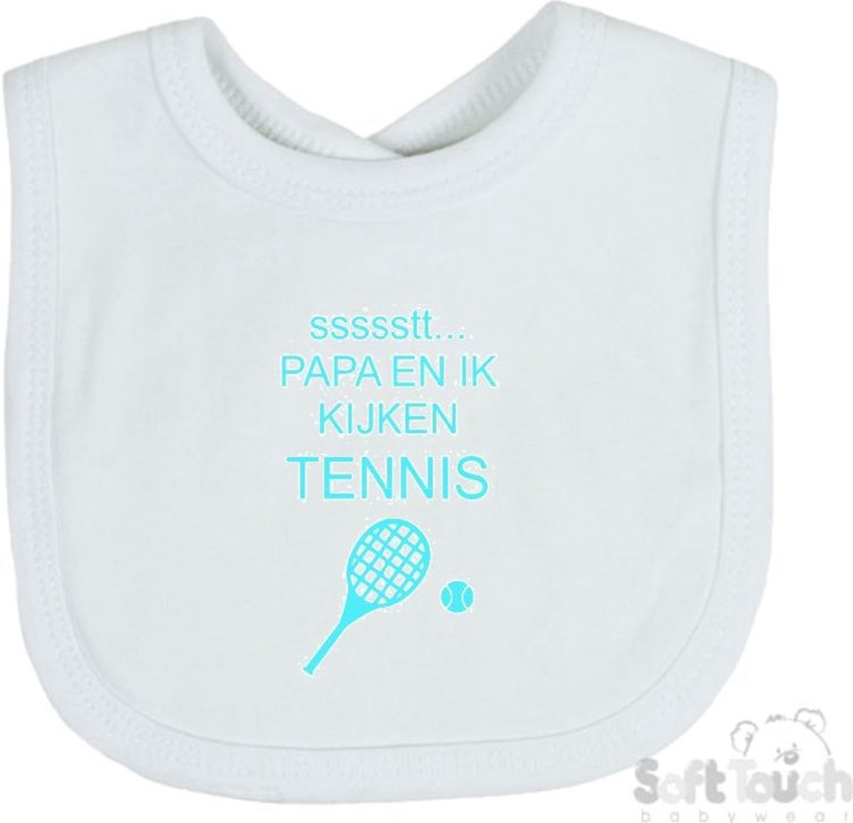 Goedkoopste Soft Touch Slabber Slabbetje Slab ssssstt... Papa en ik kijken tennis Unisex Katoen Wit/aquablauw Maat 33x22 Cm