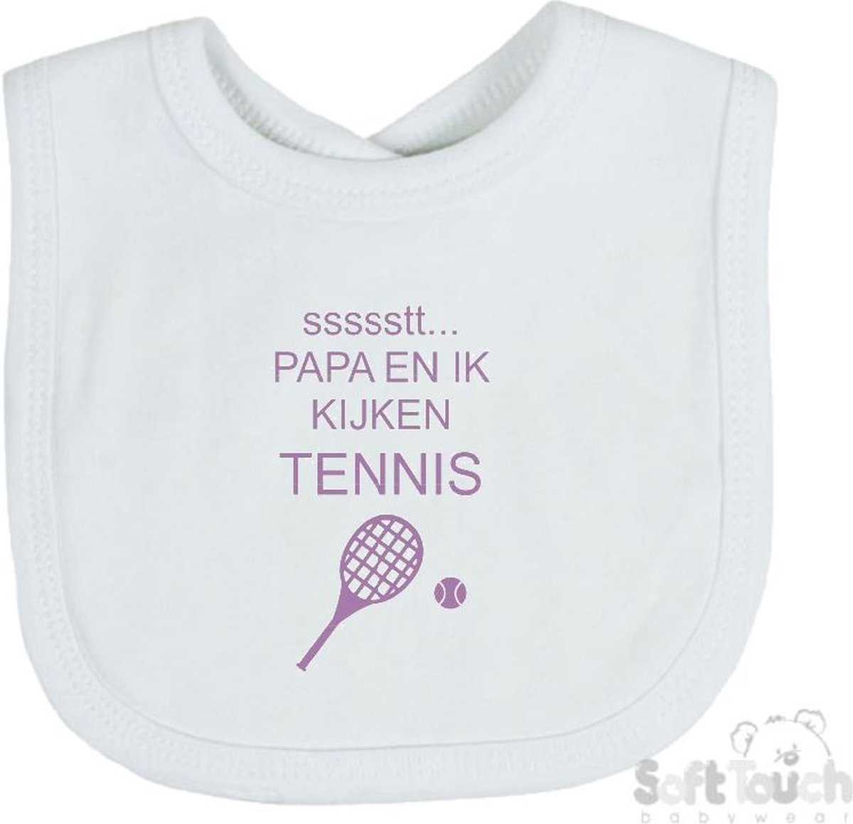 Goedkoopste Soft Touch Slabber Slabbetje Slab ssssstt... Papa en ik kijken tennis Unisex Katoen Wit/lila Maat 33x22 Cm