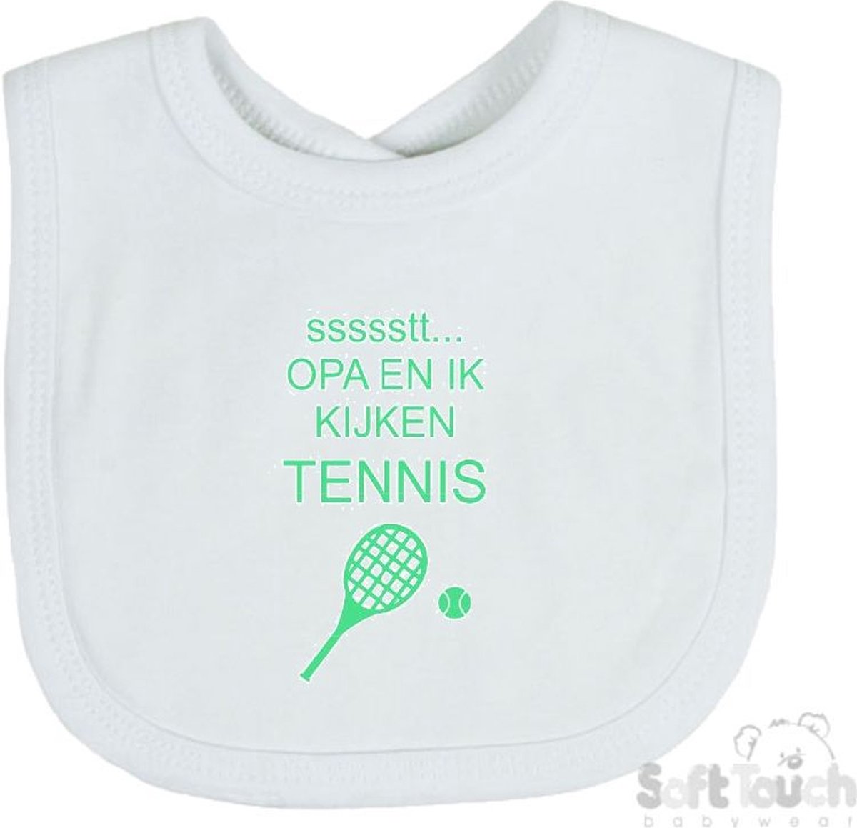 Goedkoopste Soft Touch Slabber Slabbetje Slab ssssstt... Opa en ik kijken tennis Unisex Katoen Wit/mint Maat 33x22 Cm