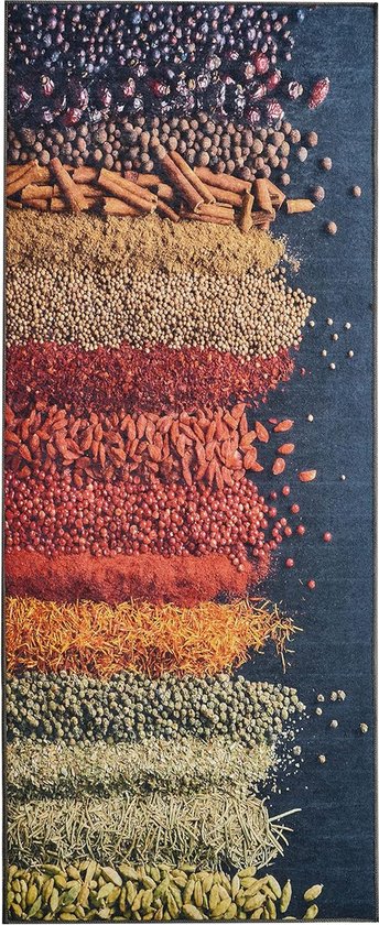 Motifs de différentes herbes et épices en bandes de couleur, du foncé au clair, tels que cardamome, poivre, cumin, baies de goji, flocons de piment, safran, thym, coriandre.