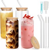 Cocktailglazen, set van 4, glazen bekers met 4 deksels en rietje, Iced Coffee Glass blikvorm 660 ml, bierglazen, cocktailglazen, drinkglazen voor bier, frisdrank, matcha, koude thee