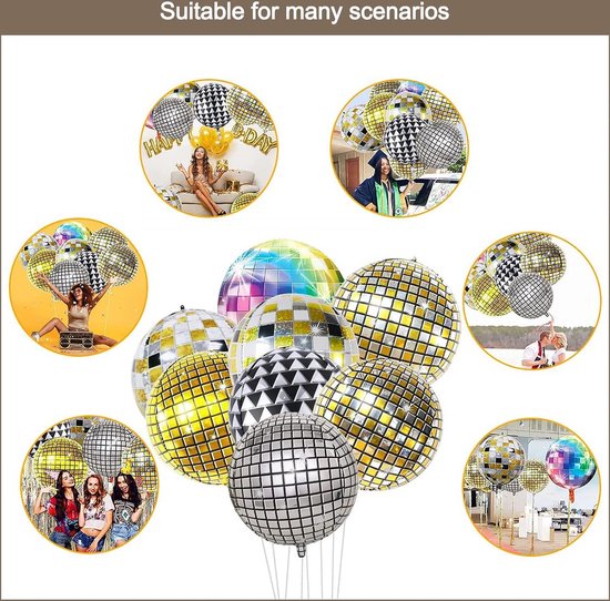 Pack of 6 Disco Balloons, 55 cm Silver Disco Balloon Decorations for New Year, Birthdays, Carnival, 70s, 80s, 90s