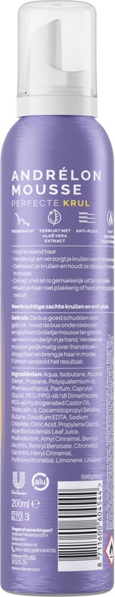 Paarse spuitbus van Andrélon Perfecte Krul mousse, met Nederlandse tekst over werking en ingrediënten.