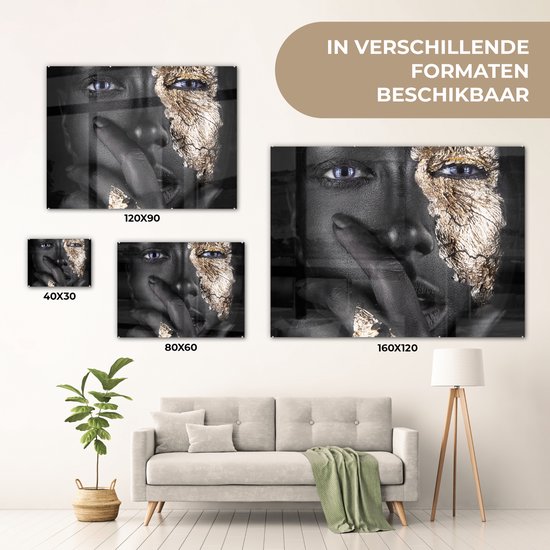MuchoWow® Peinture sur verre 160x120 cm - Peinture sur verre acrylique - Femme - Or - Zwart - Maquillage - Luxe - Photo sur verre - Peintures