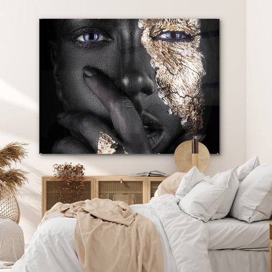 MuchoWow® Peinture sur verre 160x120 cm - Peinture sur verre acrylique - Femme - Or - Zwart - Maquillage - Luxe - Photo sur verre - Peintures