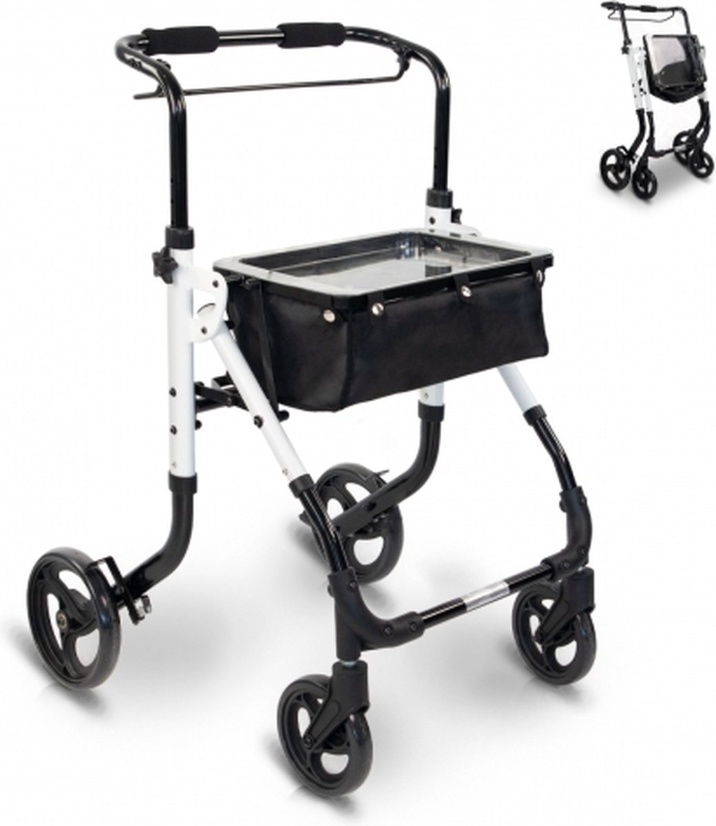 Mobiclinic Olimpo - Rollator - Looprek met wielen - Rollator met mandje - Lichtgewicht en Inklapbaar - 4 wielen - Met tas en dienblad - Aluminium - Verstelbaar - Handrem - Wit