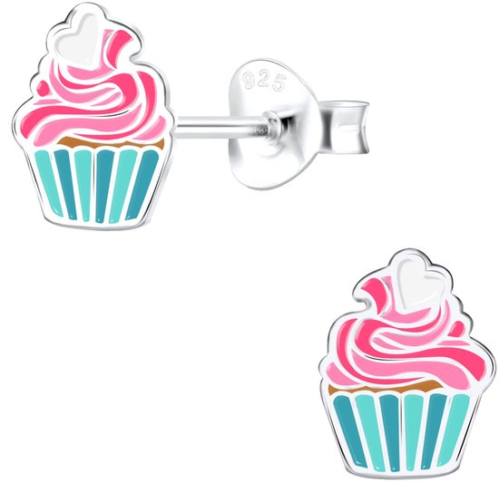 Joy|S - Zilveren cupcake oorbellen - met wit hartje - 6 x 8 mm oorknoppen - t85
