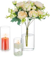 Vaas, glazen cilinder, bloemenvaas, 3 stuks, vazen, decoratie, transparante glazen vaas voor bruiloft, tafeldecoratie, windlicht, glazen kandelaar, kaarsenhouder voor stompkaarsen, drijvende kaarsen, eettafel, woonkamer