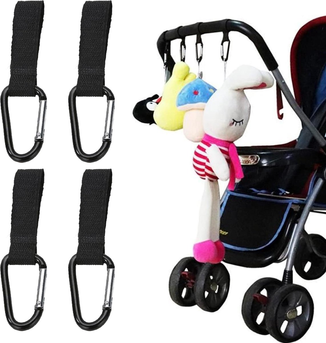 Waledano® Kinderwagenclips - Buggyclips - Universele Kinderwagenhaken - Babytas Clips - klittenband Haken - Zwart