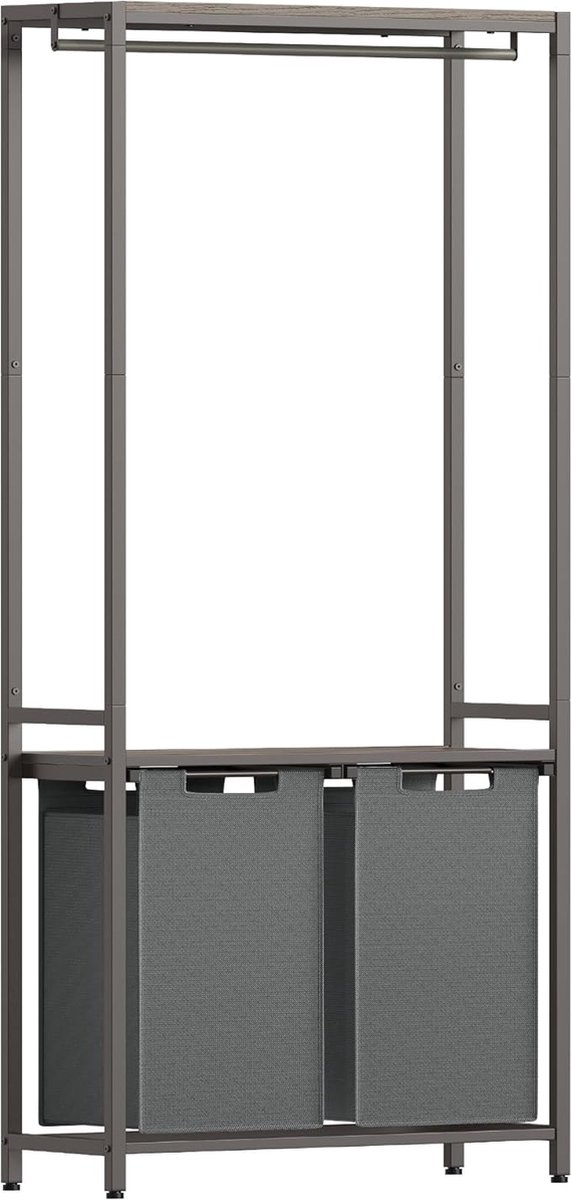 FurnStar wasmand 2 vakken - Wassorteerder - Wasverzamelaar met kledingstang - Wassorteerder met plank -2x46L - Grijs