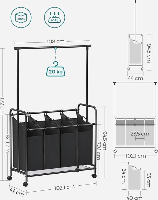 Songmics Wasmand Met 4 Vakken, 140 L Wassorteerder, Waszak Met Handgrepen Opvouwbaar Katoenen Waszak Afneembare Zakken In De Machine Wasbaar Met Wielen Zwart