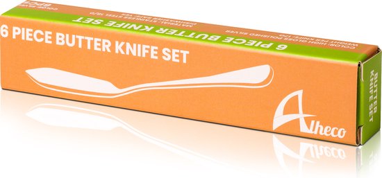 Oranje doos met de tekst '6 PIECE BUTTER KNIFE SET' en een afbeelding van een mesje.