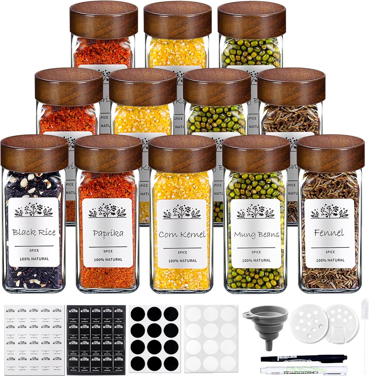 Kamiya Kruidenpotjes, vierkant, 36 stuks, kruidenpotjes 120 ml, kruidenpotjes voor het bewaren van specerijen en organizer, kruidenpotjes met strooiinzetstuk, trechter, kruidenetiketten, stift