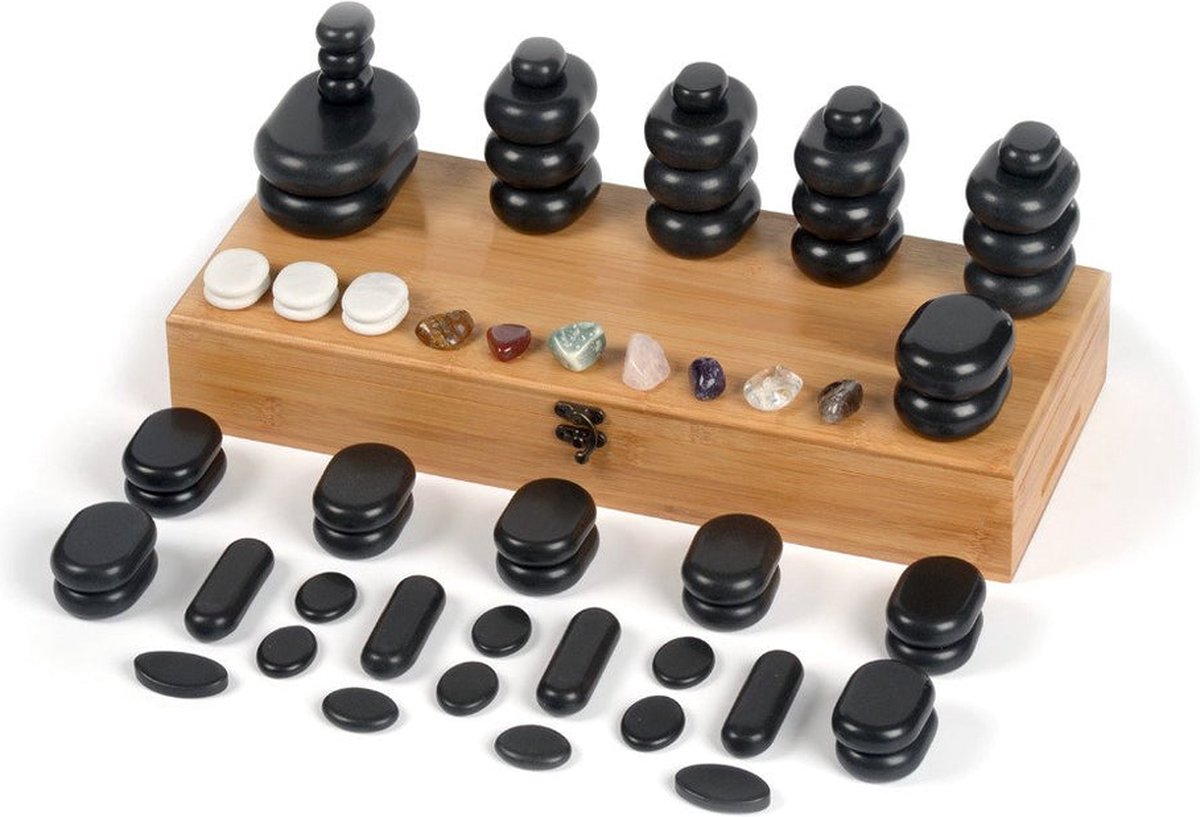 Goedkoopste ZenGrowth® Hotstones 64 stuks – inclusief bamboe opbergdoos – voor het hele lichaam –massage stenen – 100 basaltsteen