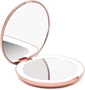 LED verlichte compacte Make-up Spiegel voor op Reis, 1X/ 10X vergroting – Daglicht LED, Draagbaar, Grote 127mm brede Reisspiegel met Licht, Zijdewit - Lumi (Rose Goud)