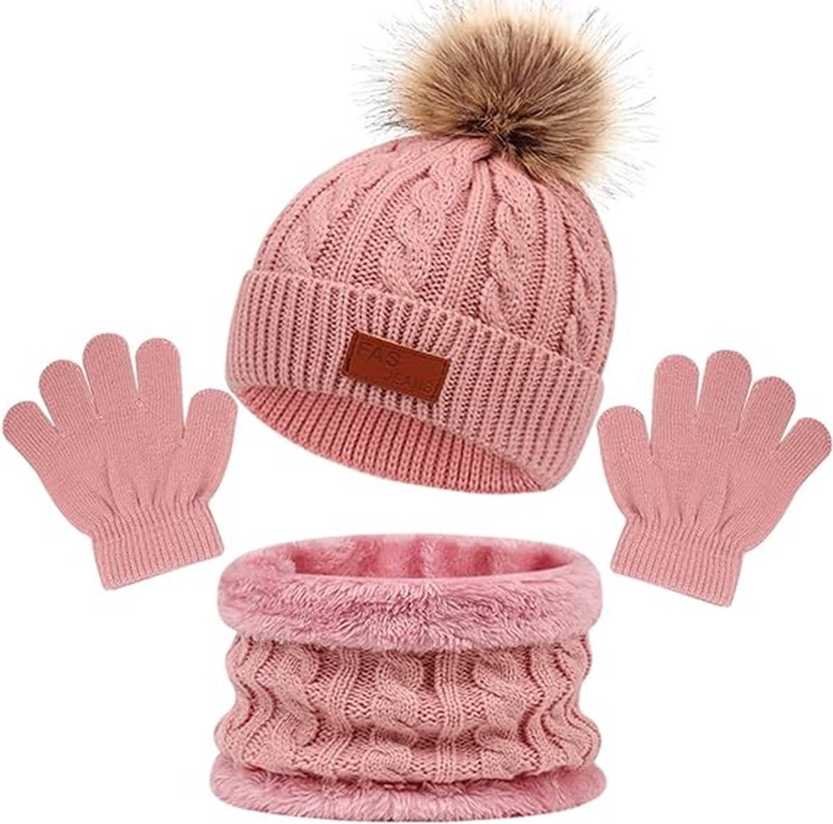 Winter set 3 stuks - Roze - 1 tot 5 jaar - Beanie muts, ronde sjaal, handschoenen - 3-delige set voor kinderen
