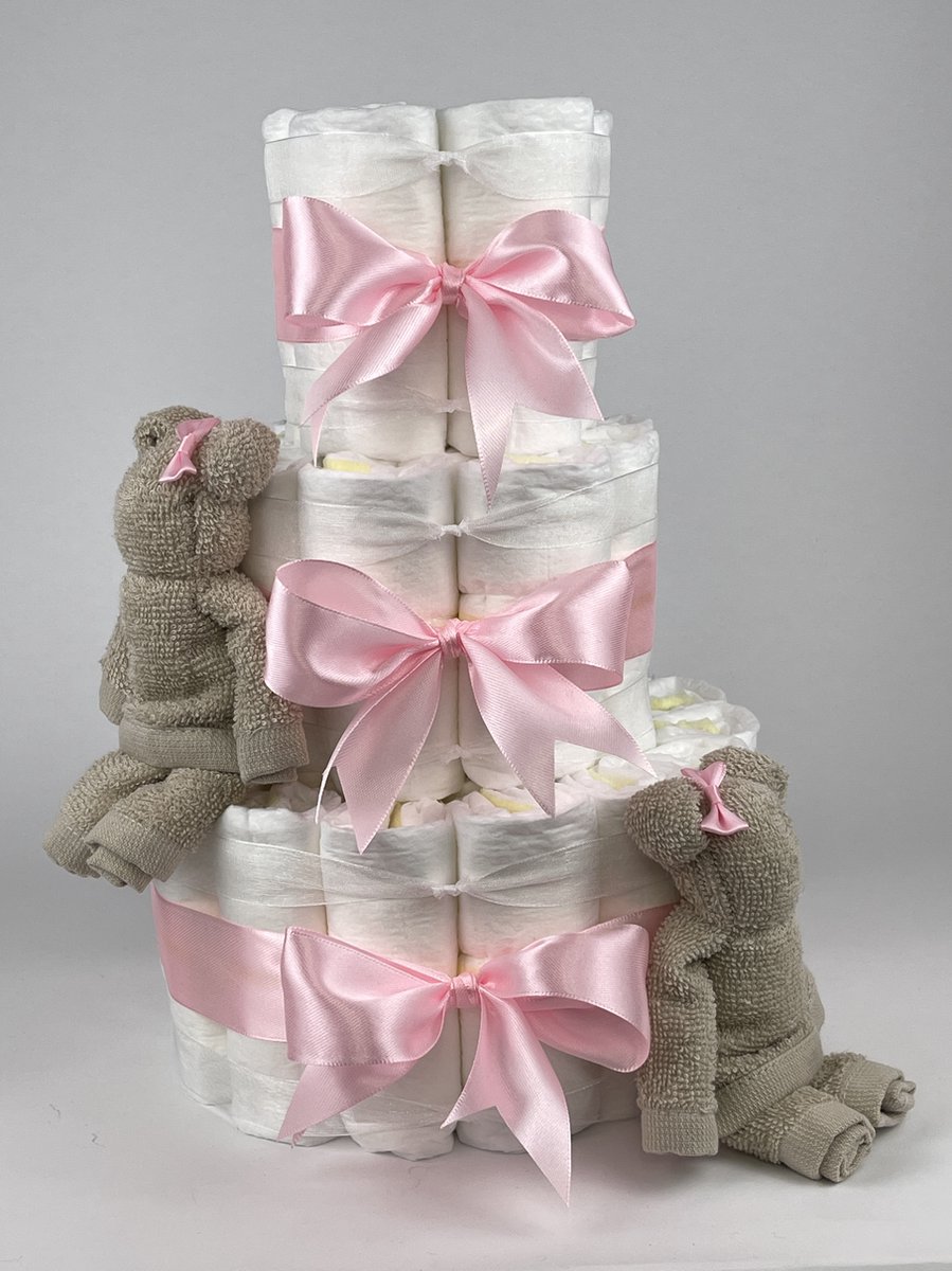 Chouette-Chouette | Luiertaart Meisje | Kraamcadeau | Geboorte Meisje | Babyshower | Beren Cream - Roze