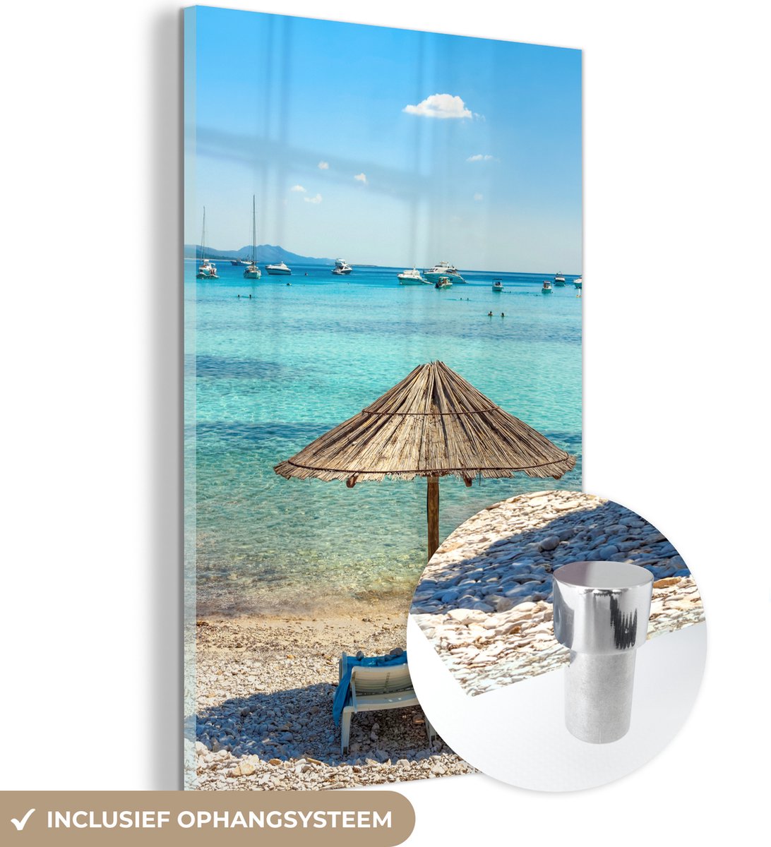 ® Glasschilderij 100x150 cm - Schilderij acrylglas - Boot - Strand - Parasol - Foto op glas - Muurdecoratie woonkamer - Wanddecoratie slaapkamer - Schilderijen