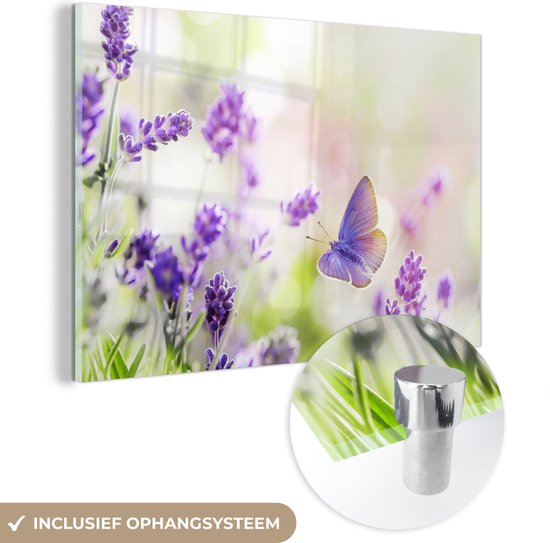 MuchoWow® Glasschilderij 60x40 cm - Schilderij acrylglas - Lavendel - Vlinder - Bloemen - Foto op glas - Schilderijen