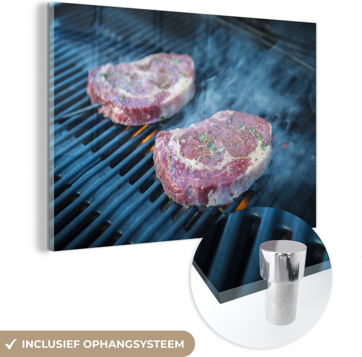 ® Glasschilderij 30x20 cm - Schilderij acrylglas - Vlees op de barbecue - Foto op glas - M