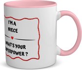 Akyol - i'm a niece what's your superpower? koffiemok - theemok - roze - Nicht - super nicht - verjaardag - cadeautje voor nicht - nicht artikelen - kado - geschenk - 350 ML inhoud