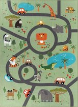 Vloerkleed kinderkamer - Groen - 160x220 cm - Wasbaar - Antislip - Tapijt voor jongens en meisjes met een straat en jungledieren - Happy Life by the carpet