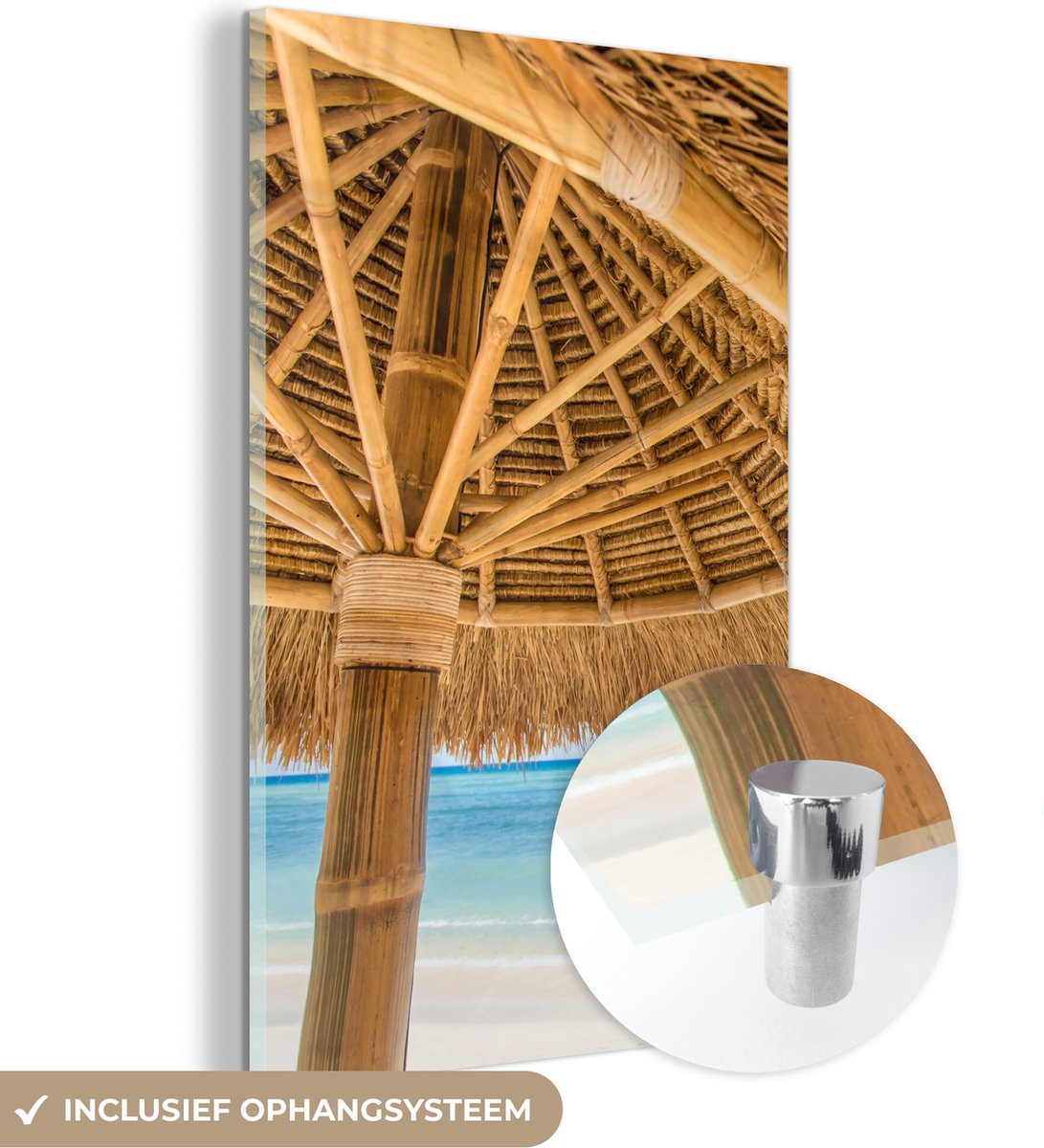 MuchoWow® Glasschilderij 40x60 cm - Schilderij acrylglas - Parasol - Strand - Zee - Tropis