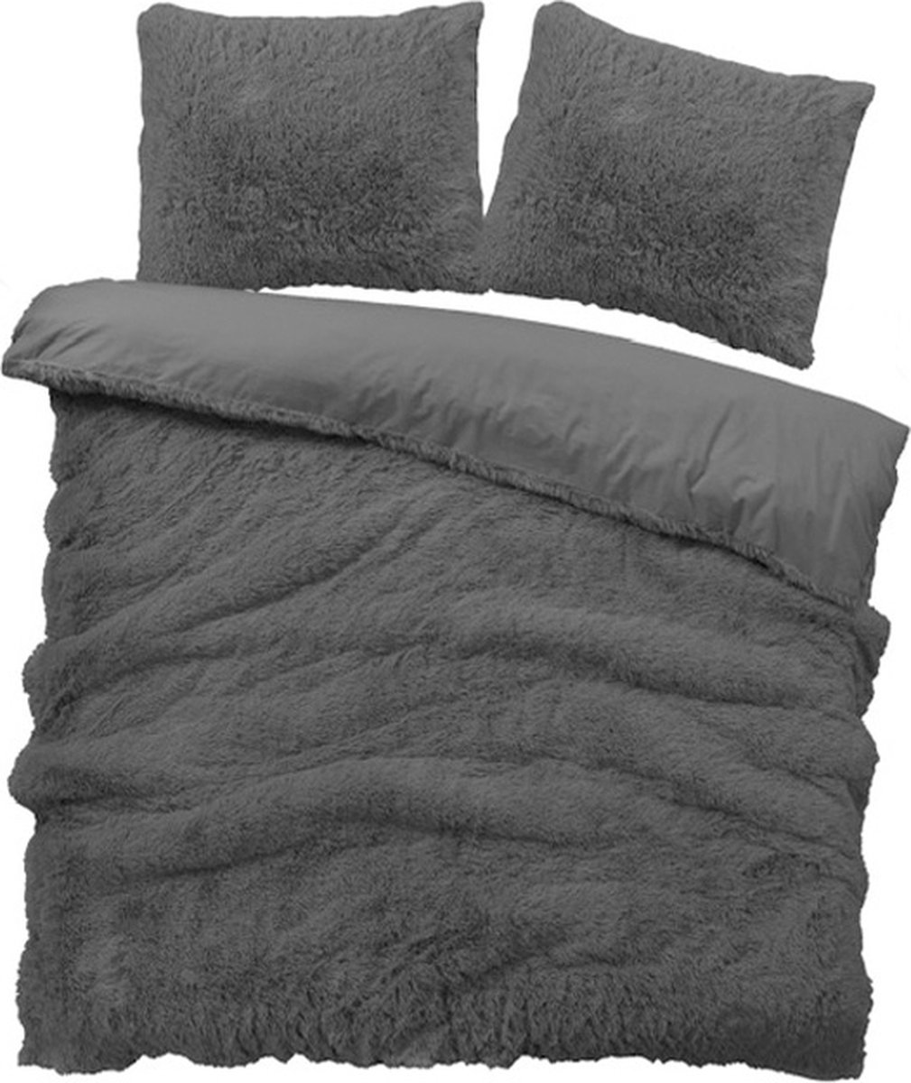 iSleep Dekbedovertrek Teddy Plush - Tweepersoons - 200x200/220 cm - Antraciet