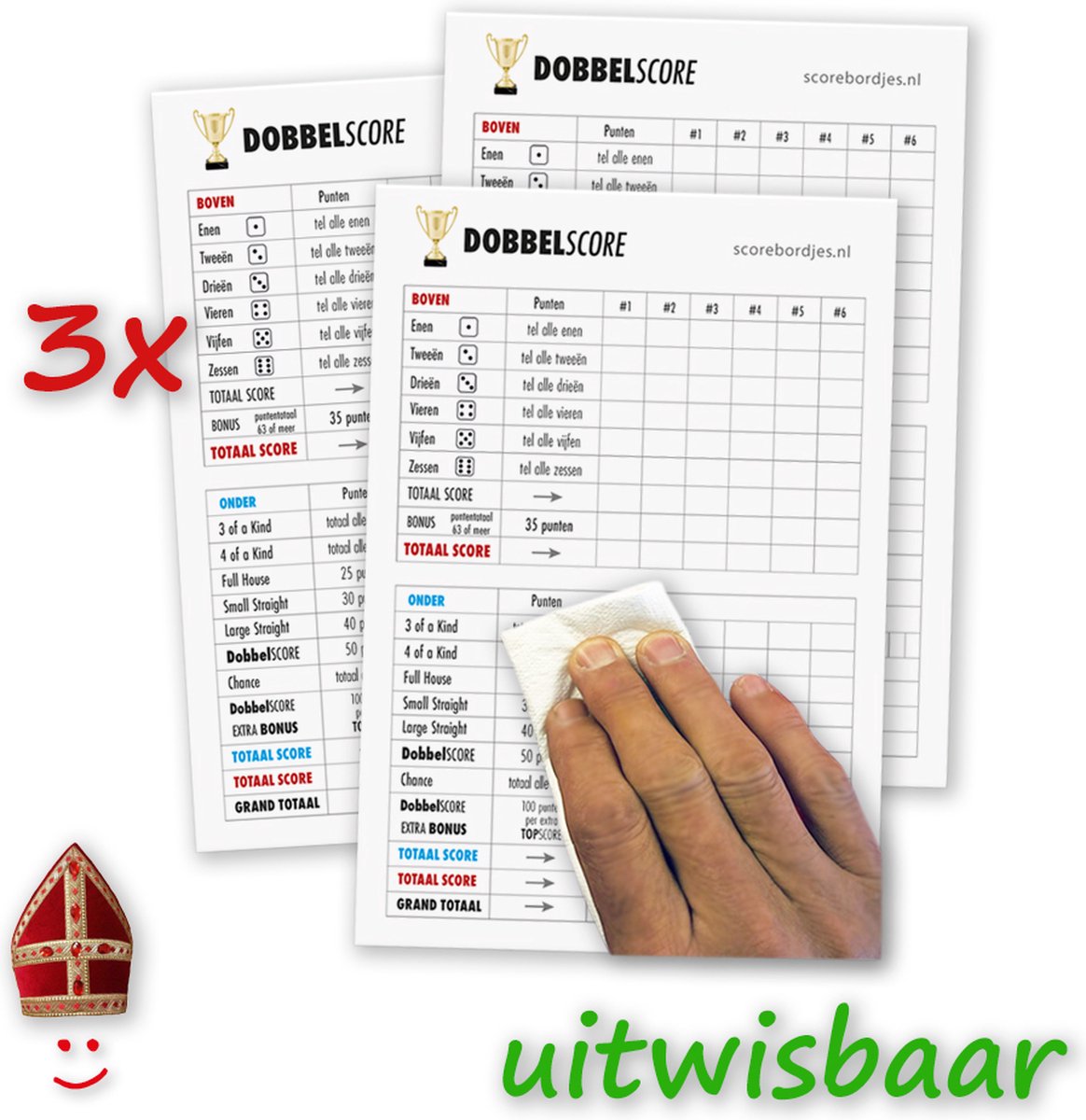 Yahtzee 3x Herbuikbare Uitwisbare Scorebordjes Eindeloos bruikbaar Duurzaam dobbelspel Reisspel Vakantie Sinterklaas Kadootje Kerst