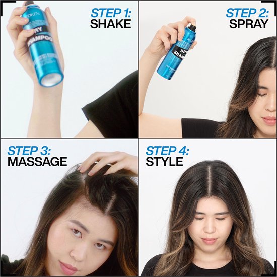 Stappen voor het gebruik van droogshampoo: schudden, sprayen, masseren, stylen.
