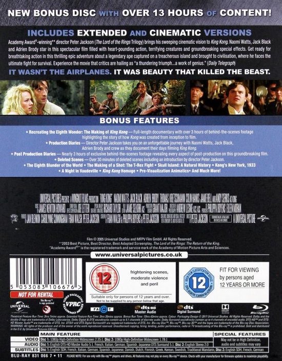 King Kong Ultimate Edition Blu-ray achterkant met filmdetails en bonusmateriaal.