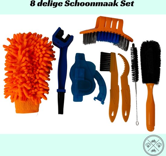 Entergoods® - Fiets Schoonmaak Set - Fietsketting Reiniger - Fiets Onderhoud - Fiets Accessoires - Mountainbike Accessoires - Kettingreiniger - Fietsborstel - Bruikbaar bij o.a. Muc Off en Cyclon - Complete 8-delige Set - Reinigingsset Fiets