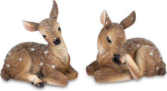 Hert - Beeld- 2 set - Winter - Polyresin - 13x13x9cm - Bruin - Bambi