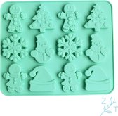 ZijTak - Kerstvorm - 12 delig - Silicone - Chocolade vorm - Bakvorm - Lightgroen - Kerstboom - Gingerbread Mannetje - Kerstmuts - Sneeuwvlok - Sneeuwman