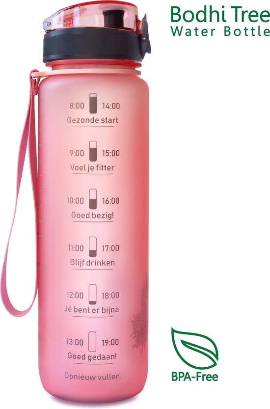 Bodhi Tree® Gourde motivation 1l - Gourdes de motivation pour adultes - Bouteille d'eau avec marqueurs de temps Néerlandais - Étanche - Anti Fuite - Sans BPA - Filtre à fruits - Water Bottle 1 litre - Rose