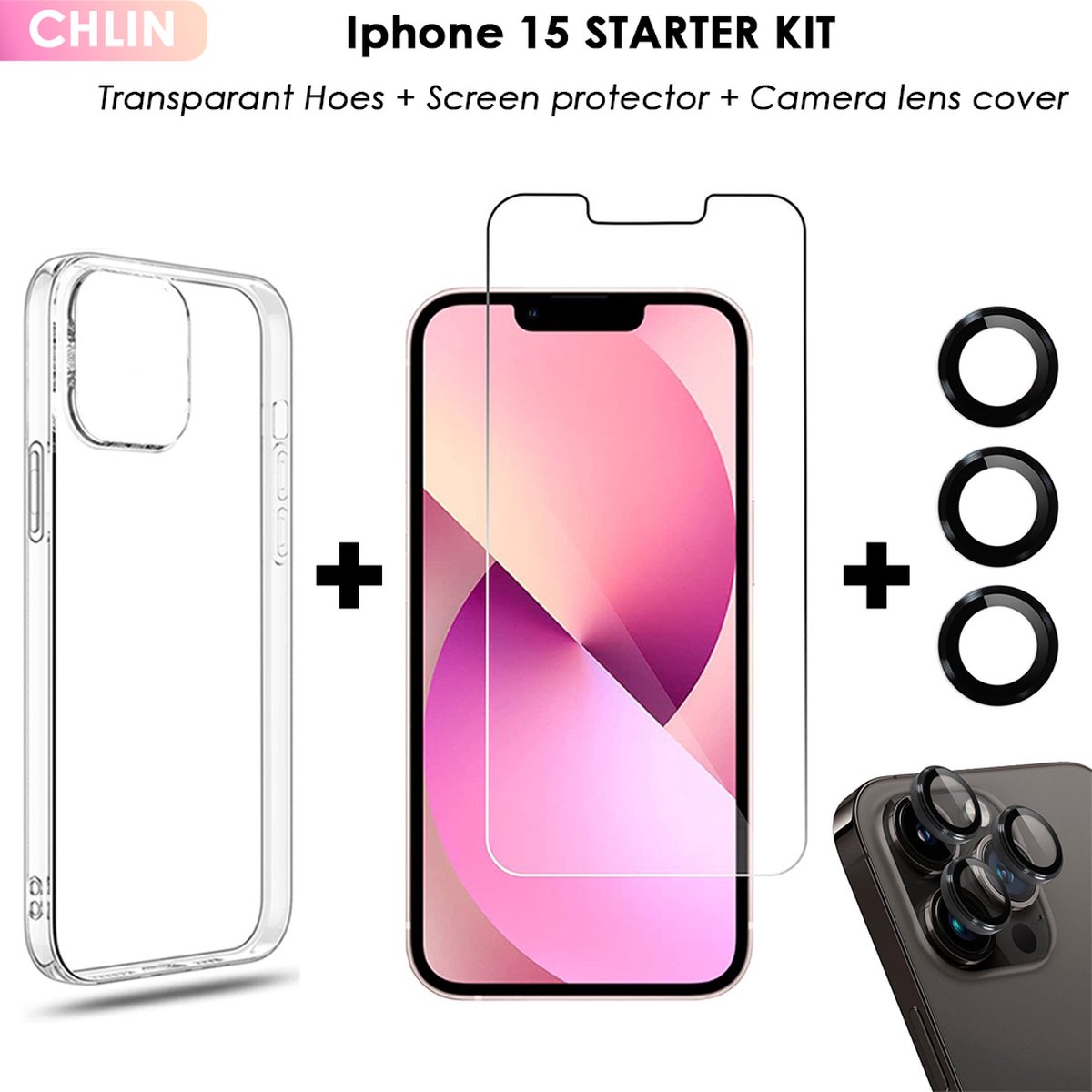 CL CHLIN® - Iphone 15 Starter Kit (hoesje + screen protector + camera lens case) - Iphone 15 screen protector - Iphone 15 transprarant Hoesje - Iphone 15 case - Iphone 15 camera lens protector