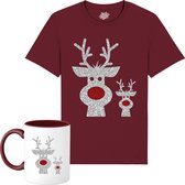 Rendier Buddies - Foute Kersttrui Kerstcadeau - Dames / Heren / Unisex Kleding - Grappige Kerst Outfit - Glitter Look - T-Shirt met mok - Unisex - Burgundy - Maat S