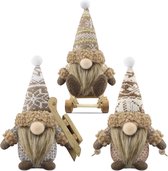 Set van 3 kerstkabouters decoraties geschenk handgemaakte slee kabouter pluche gevulde kerstversiering voor thuis keuken boerderij gelaagd dienblad - bruin