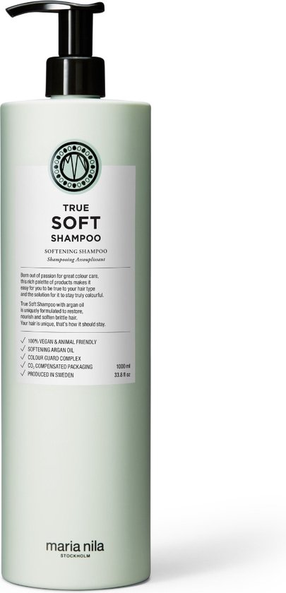 Lichtgroene fles met pompdispenser voor Maria Nila True Soft Shampoo, 1000 ml.