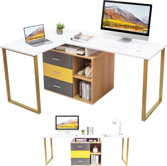 Computertafel voor 2 personen met 3 laden en 2 open vakken, L-vormige hoekbureau, schrijftafel, werktafel, hout, hoekcombinatie, tafel voor thuiskantoor