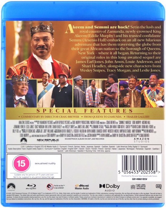 Achterkant Blu-ray van 'Coming 2 America' met Eddie Murphy, tekst en een collage van castleden in verschillende kostuums.