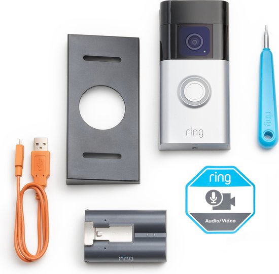Ring deurbel met accessoires: montageplaat, batterij, USB-kabel en schroevendraaier.