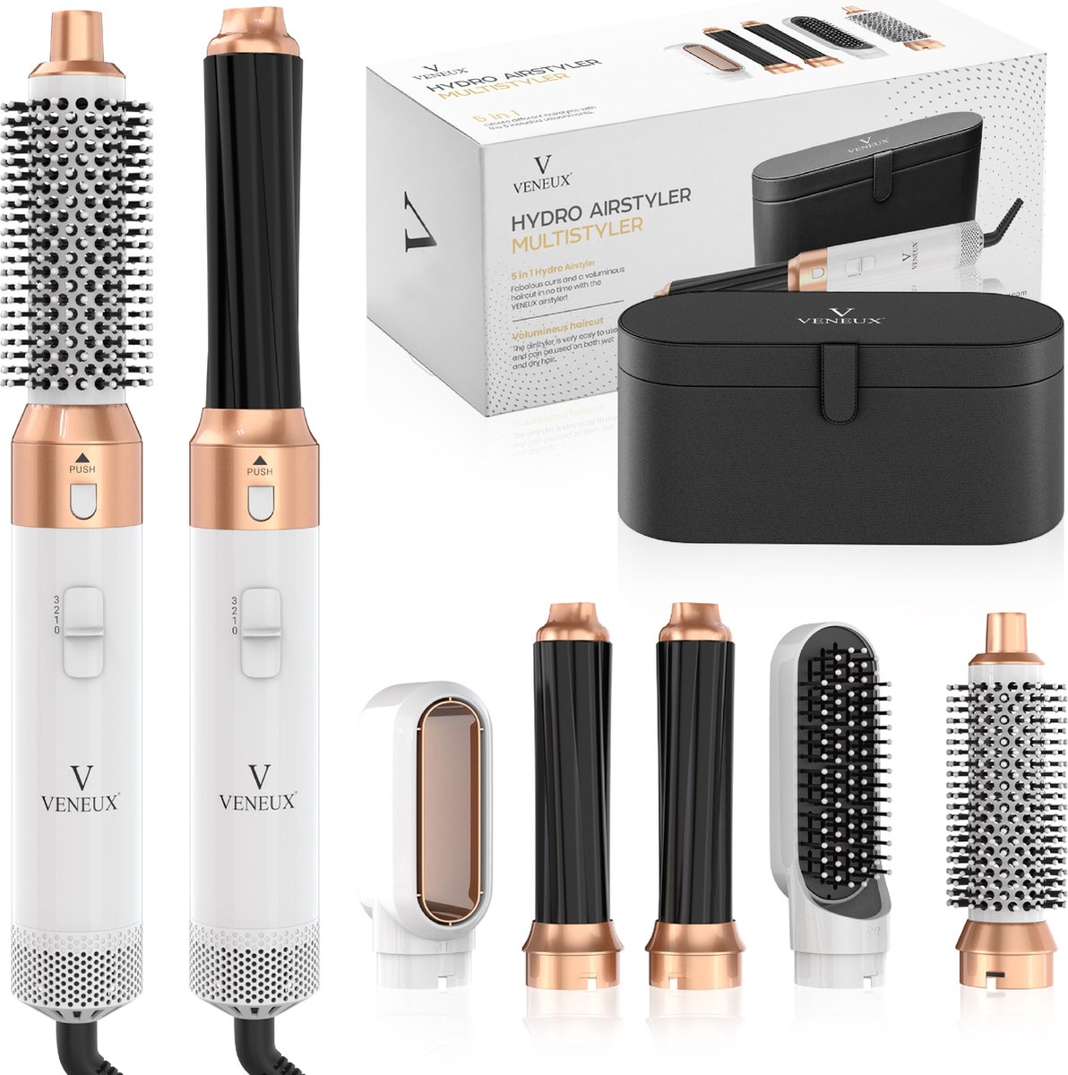 VENEUX® Föhnborstel - Airstyler - Krulborstel - Warmteborstel - 5 in 1 Multistyler - Met Opbergcase - Wit