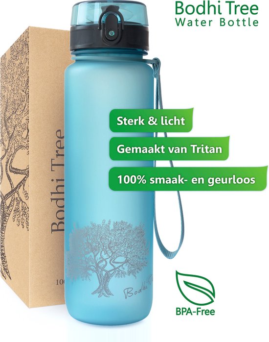 Bodhi Tree® Gourde motivation 1l - Gourdes de motivation pour adultes - Bouteille d'eau avec marqueurs de temps Néerlandais - Étanche - Anti Fuite - Sans BPA - Filtre à fruits - Water Bottle 1 litre - Bleu