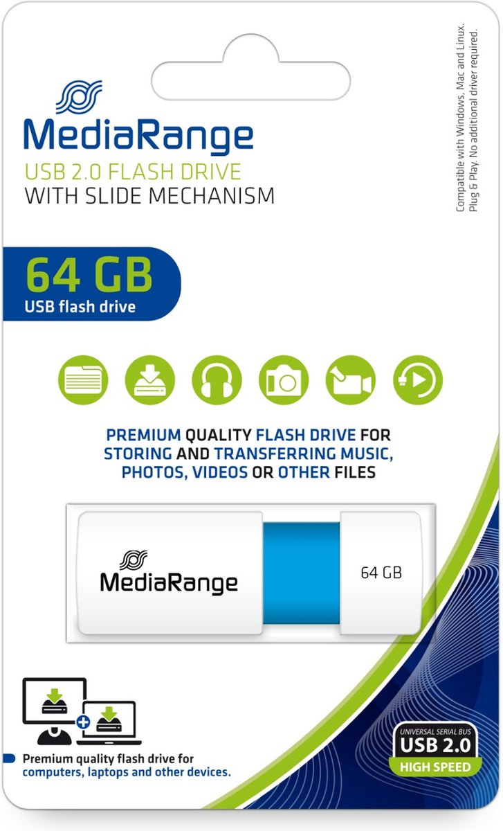 MediaRange MediaRange USB Stick 64GB MR974 USB flash drive USB Type-A 2.0 Blauw Wit Usb-stick - USB 2.0 A - 120 GB - blauw