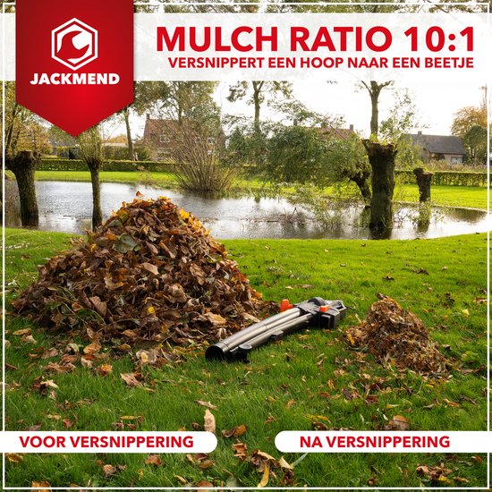 Vergelijking voor en na het versnipperen van bladeren, met een grote hoop bladeren die tot een kleine hoop zijn gereduceerd. "MULCH RATIO 10:1 VERSNIPPPERT EEN HOOP NAAR EEN BEETJE"