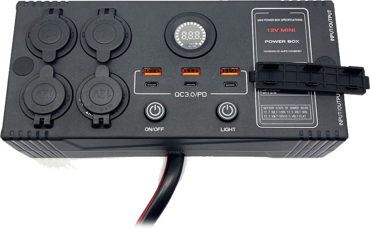 Mini Elektra Control Box- 12V - 4x 12V aansluitingen - 3x USB 3,1A 3x USB-C 3.1A - 1x Voltmeter - Zwart - Voor Auto, Boot, Camper