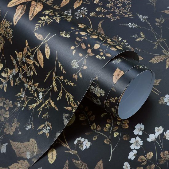 Papier peint autocollant à fleurs, vintage, noir et or, 41 cm x 12 m, film  autocollant