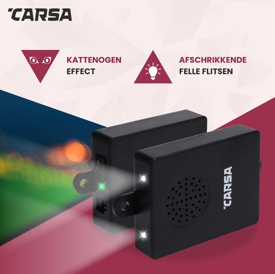 Twee zwarte Carsa marterverjagers met lichtflitsen en luidsprekers. "Kattenogen effect" en "Afschrikkende felle flitsen"